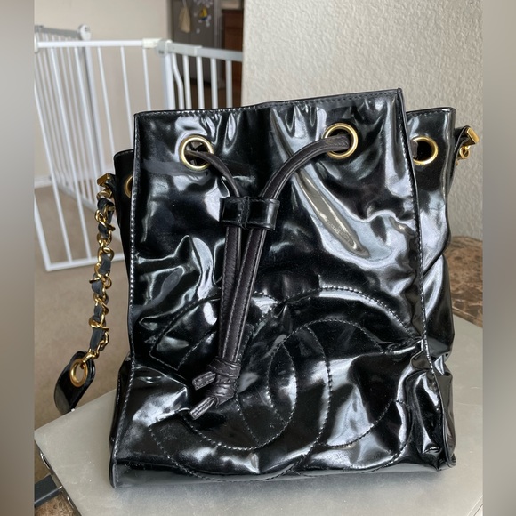 CHANEL Handbags - Chanel Patent Leather Black & Gold Purse